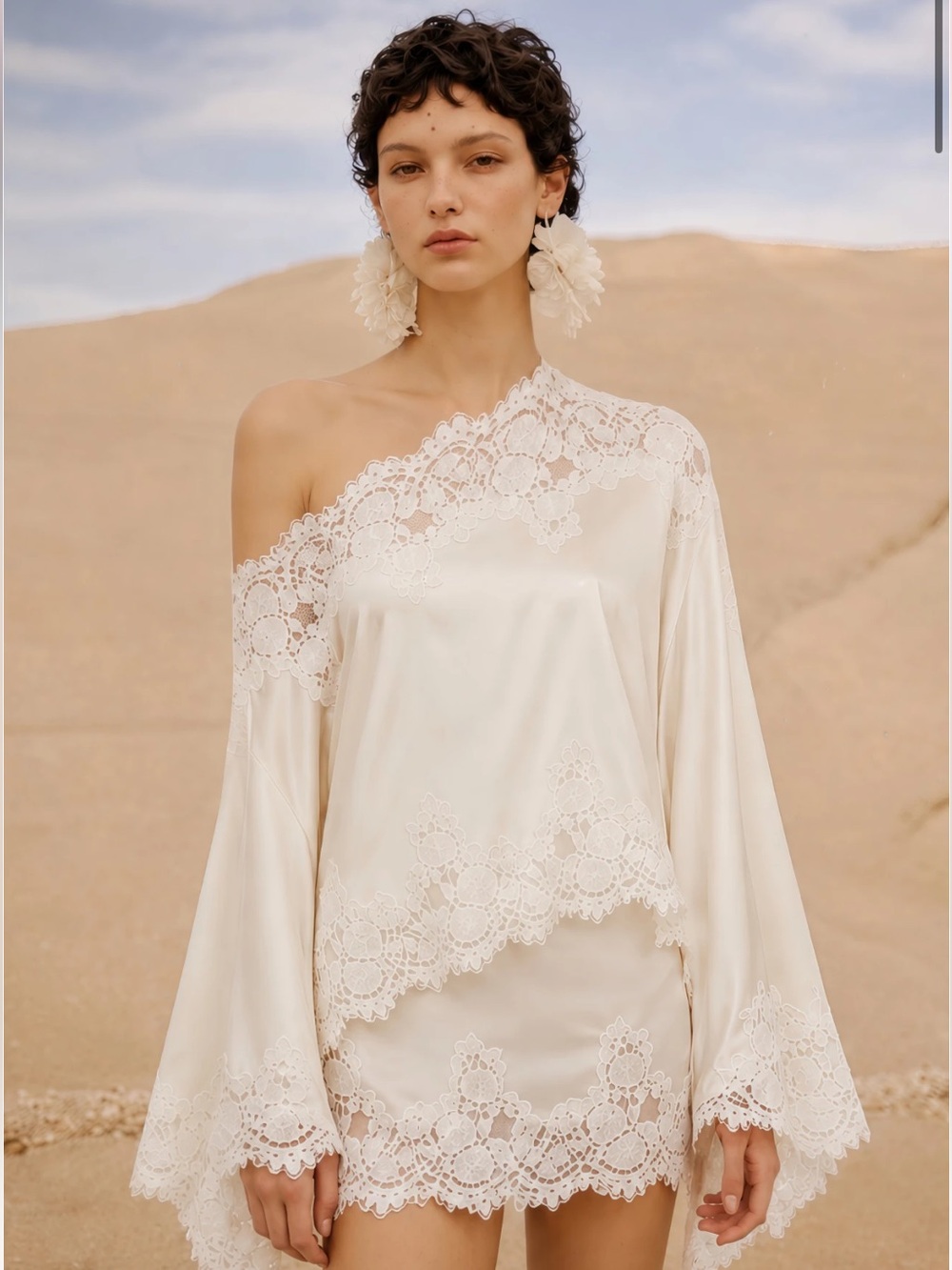 Sophia White One Shoulder Top & Skirt Set with Lace Trim